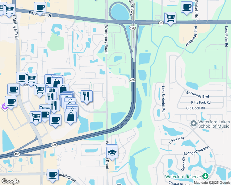 map of restaurants, bars, coffee shops, grocery stores, and more near 1389 Woodbury Road in Orlando