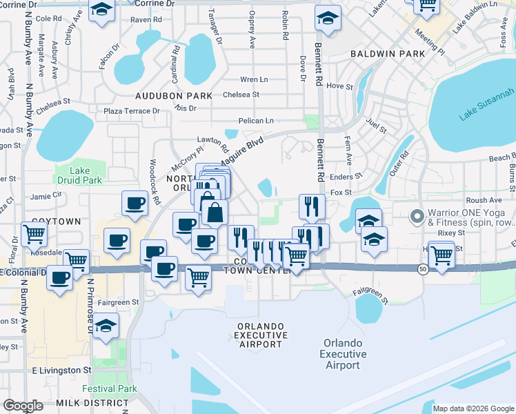 map of restaurants, bars, coffee shops, grocery stores, and more near 831 McCullough Avenue in Orlando