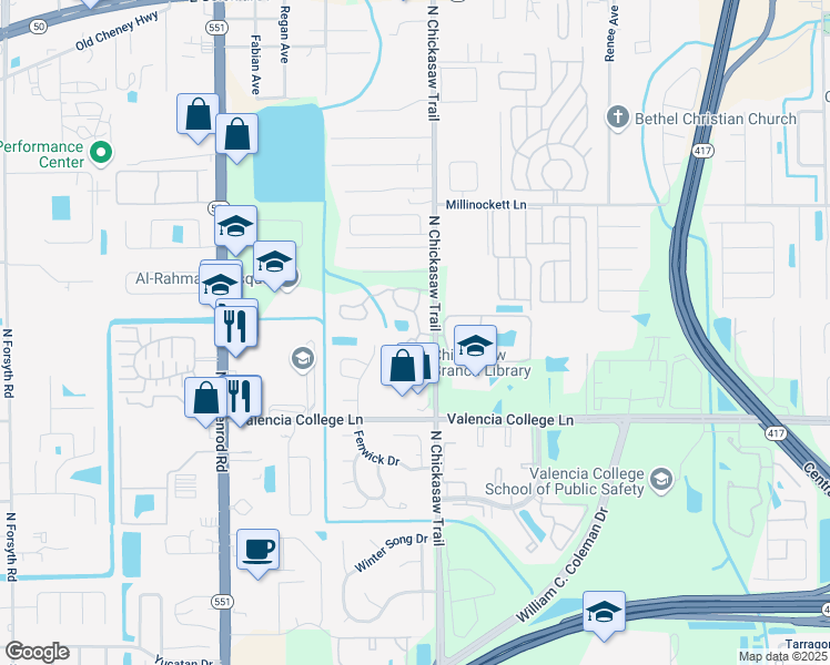 map of restaurants, bars, coffee shops, grocery stores, and more near 1002 Jib Drive in Orlando