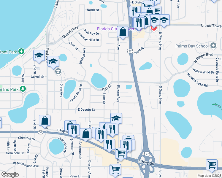 map of restaurants, bars, coffee shops, grocery stores, and more near 609 Pitt Street in Clermont