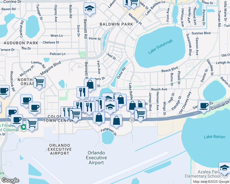map of restaurants, bars, coffee shops, grocery stores, and more near 1014 Maltby Avenue in Orlando