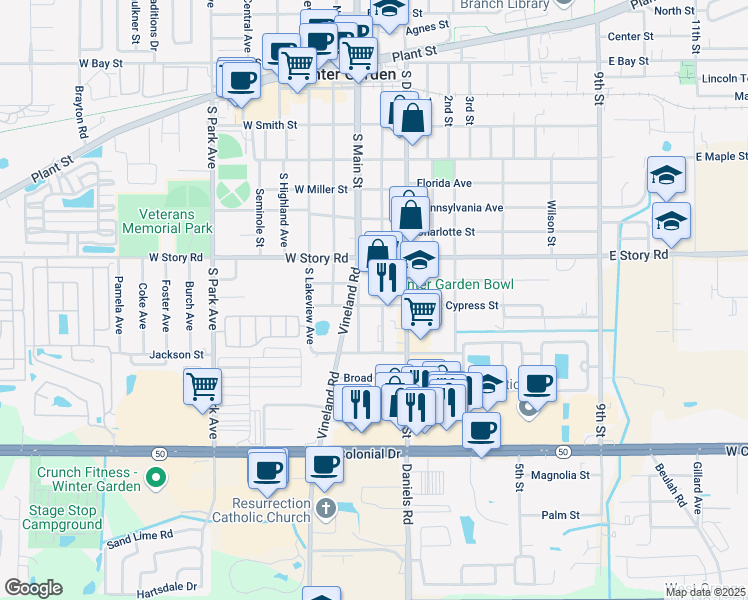 map of restaurants, bars, coffee shops, grocery stores, and more near 13 East Cypress Street in Winter Garden