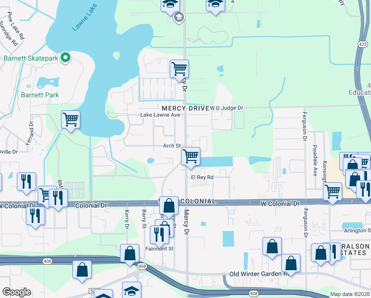 map of restaurants, bars, coffee shops, grocery stores, and more near 984 Mercy Drive in Orlando
