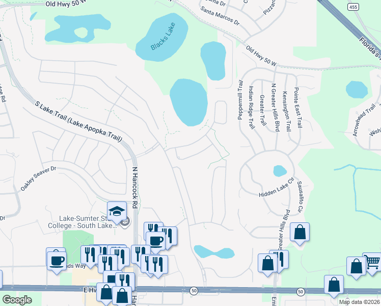 map of restaurants, bars, coffee shops, grocery stores, and more near 2818 Falcon Ridge in Clermont