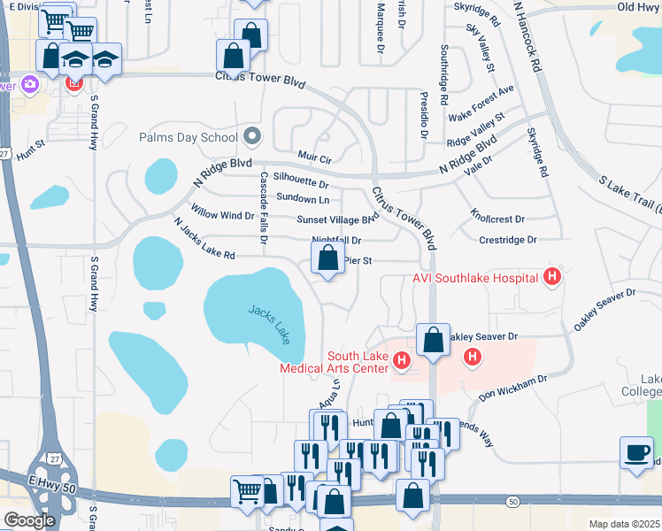 map of restaurants, bars, coffee shops, grocery stores, and more near 1523 Pier Street in Clermont