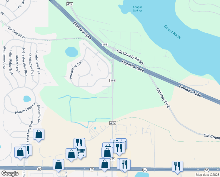 map of restaurants, bars, coffee shops, grocery stores, and more near 232 Camelot Loop in Clermont