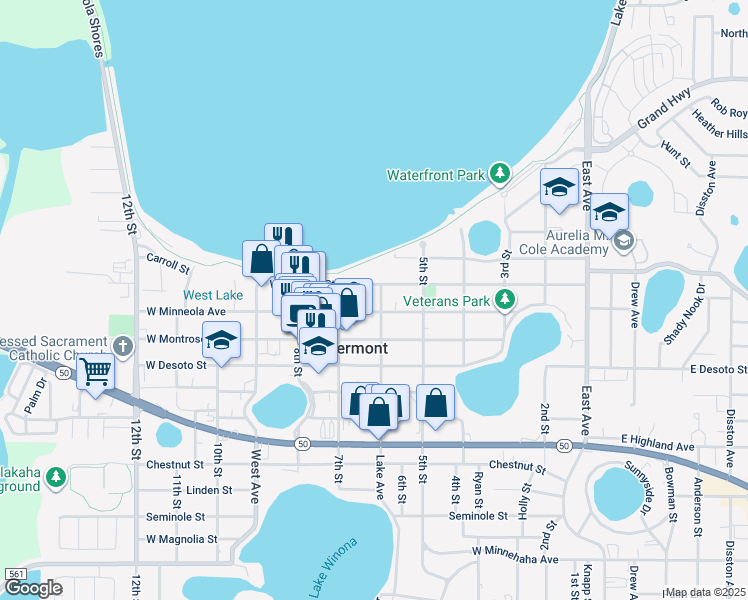 map of restaurants, bars, coffee shops, grocery stores, and more near 538 Lake Avenue in Clermont