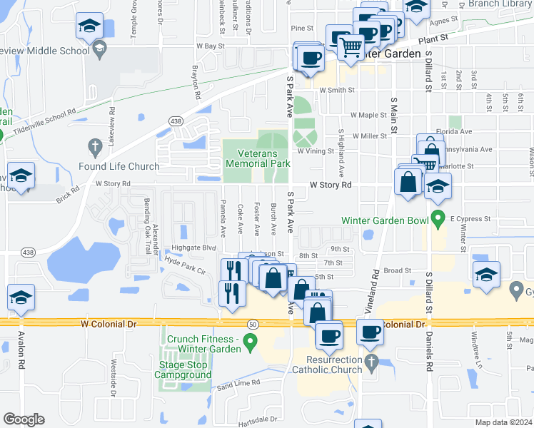 map of restaurants, bars, coffee shops, grocery stores, and more near 700 Burch Avenue in Winter Garden