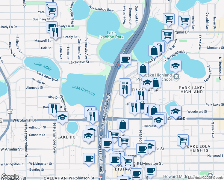 map of restaurants, bars, coffee shops, grocery stores, and more near 901 North Garland Avenue in Orlando