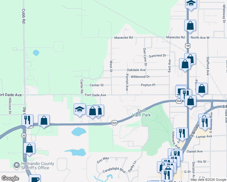 map of restaurants, bars, coffee shops, grocery stores, and more near 9028 West Street in Brooksville