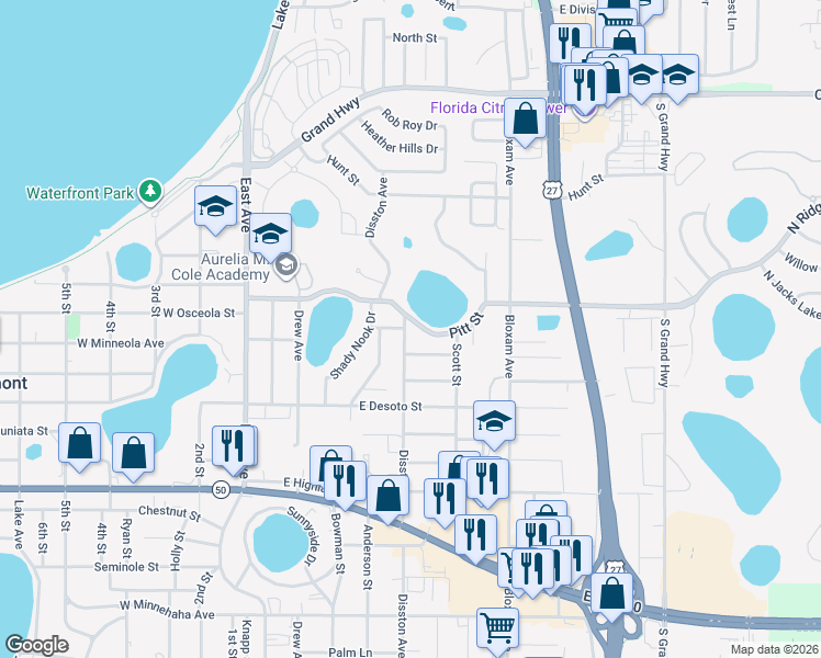 map of restaurants, bars, coffee shops, grocery stores, and more near 503 Pitt Street in Clermont