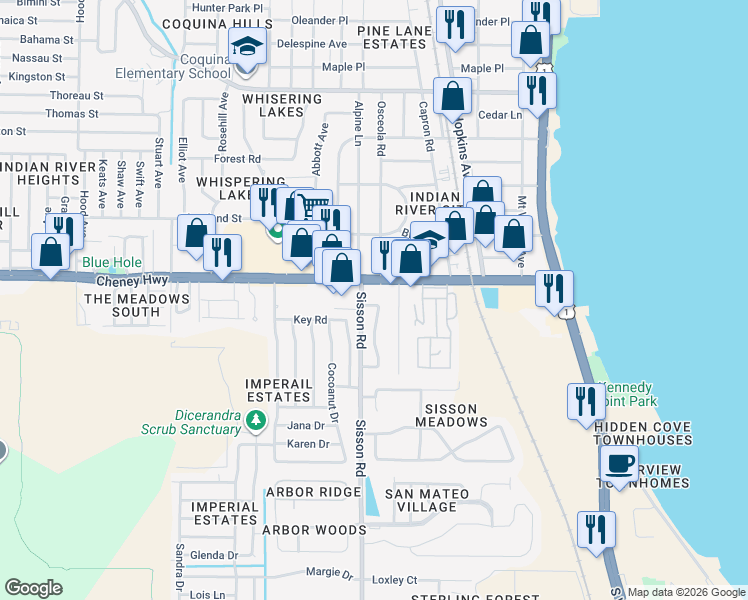 map of restaurants, bars, coffee shops, grocery stores, and more near 4660 Sisson Road in Titusville