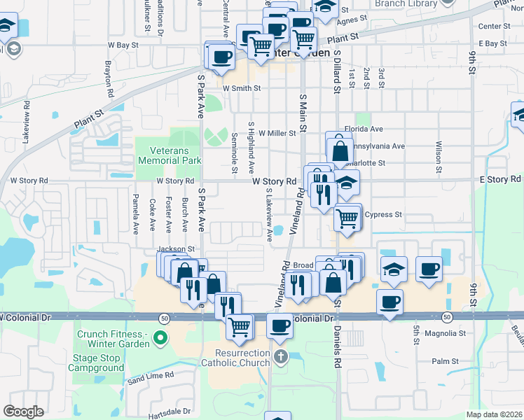 map of restaurants, bars, coffee shops, grocery stores, and more near 634 South Lakeview Avenue in Winter Garden