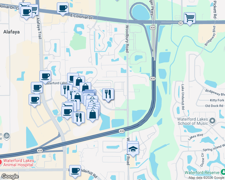 map of restaurants, bars, coffee shops, grocery stores, and more near 1421 Waterford Oak Drive in Orlando
