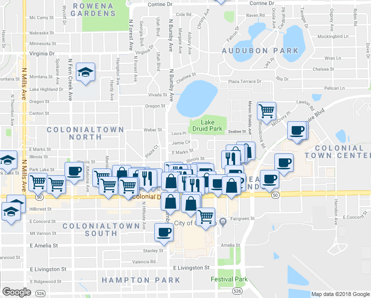 map of restaurants, bars, coffee shops, grocery stores, and more near 2502 Jamie Circle in Orlando