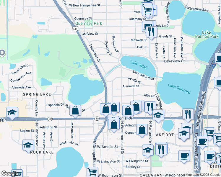 map of restaurants, bars, coffee shops, grocery stores, and more near 833 Ellwood Avenue in Orlando