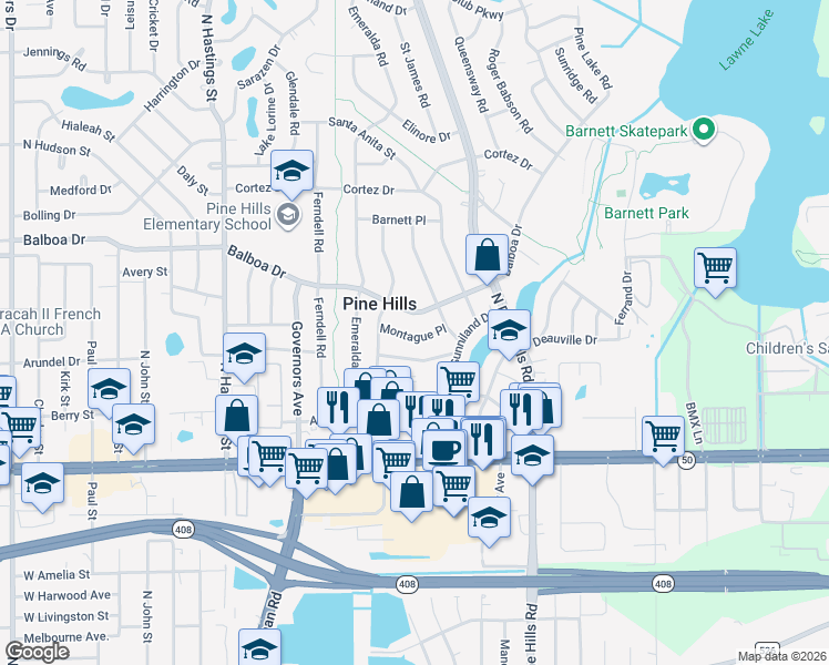 map of restaurants, bars, coffee shops, grocery stores, and more near 5205 Montague Place in Orlando
