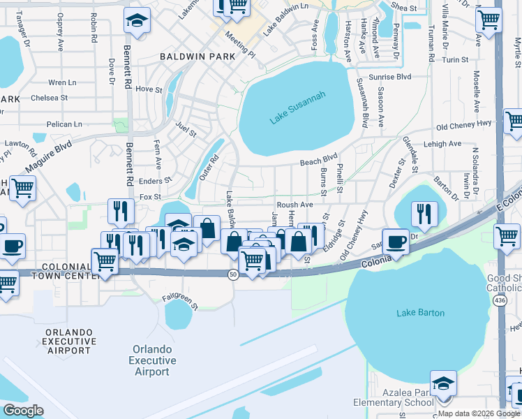 map of restaurants, bars, coffee shops, grocery stores, and more near 4340 Roush Avenue in Orlando