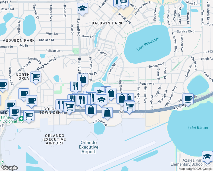 map of restaurants, bars, coffee shops, grocery stores, and more near 1014 Maltby Avenue in Orlando
