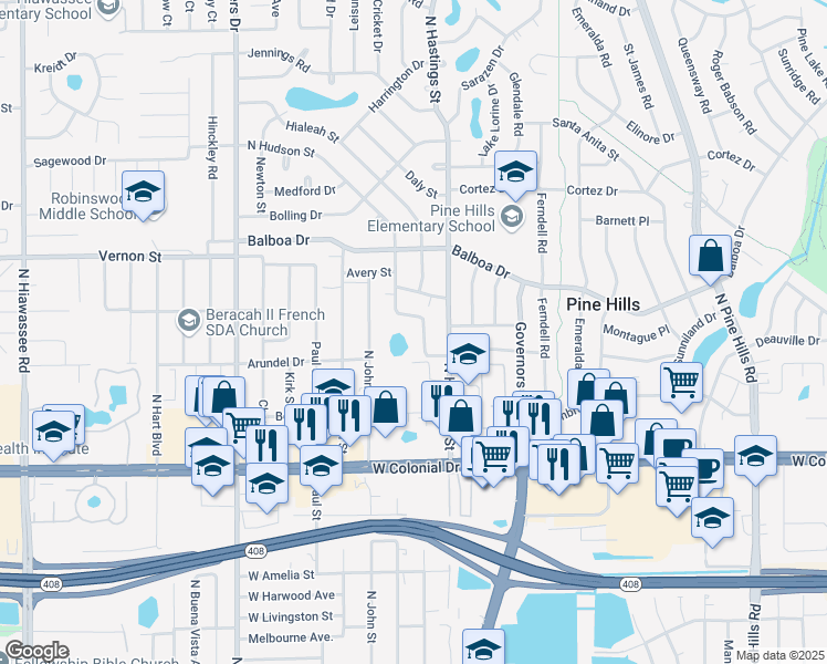 map of restaurants, bars, coffee shops, grocery stores, and more near 1134 Lake Blanche Drive in Orlando