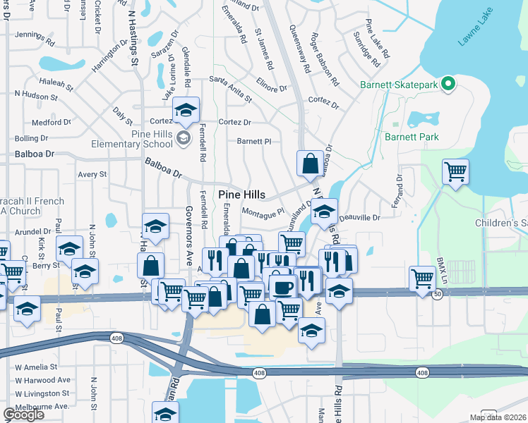 map of restaurants, bars, coffee shops, grocery stores, and more near 5205 Montague Place in Orlando