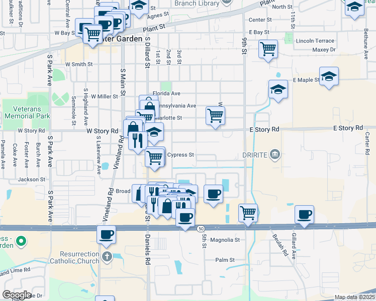 map of restaurants, bars, coffee shops, grocery stores, and more near 222 East Lafayette Street in Winter Garden