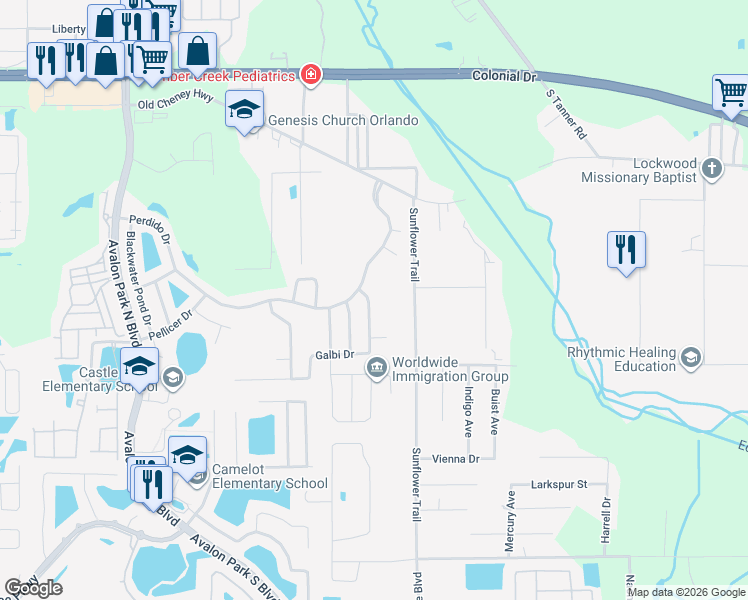 map of restaurants, bars, coffee shops, grocery stores, and more near 15688 Galbi Drive in Orlando