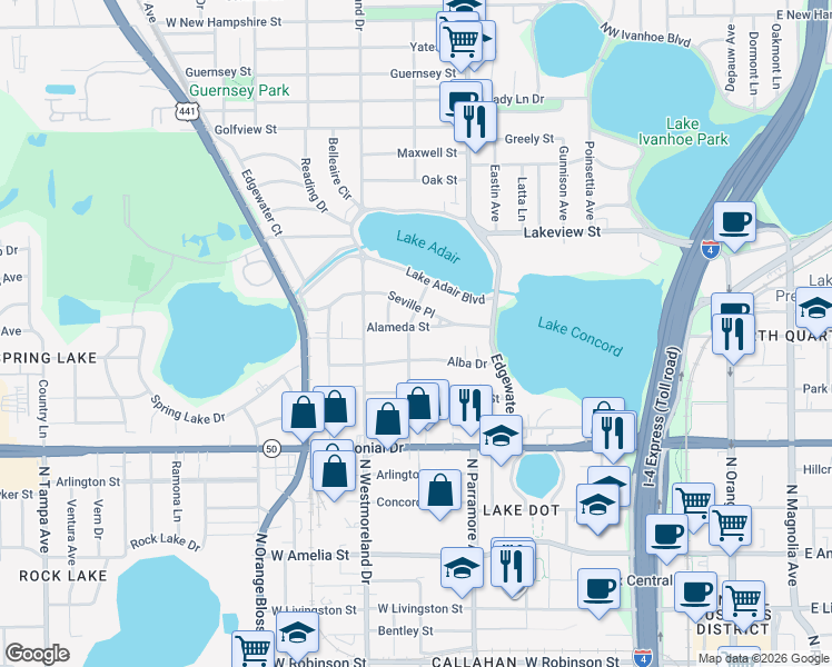 map of restaurants, bars, coffee shops, grocery stores, and more near 838 Alameda Street in Orlando