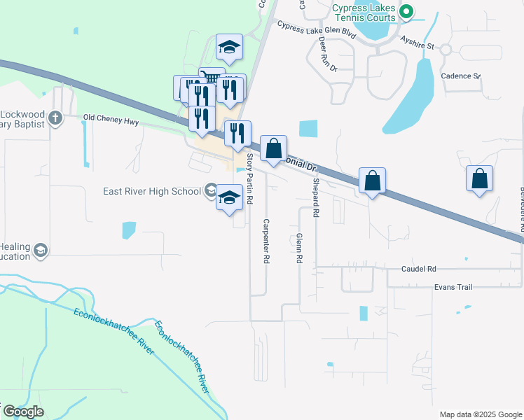map of restaurants, bars, coffee shops, grocery stores, and more near 629 Carpenter Road in Orlando