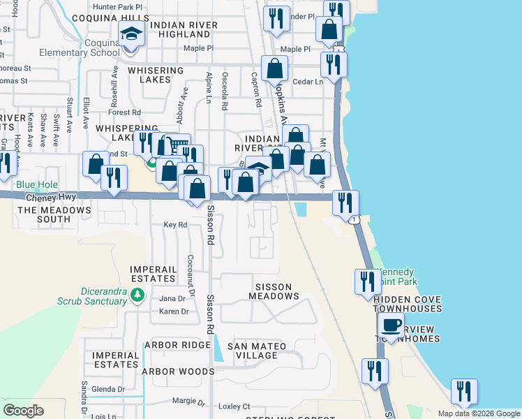 map of restaurants, bars, coffee shops, grocery stores, and more near 362 Daisy Lane in Titusville