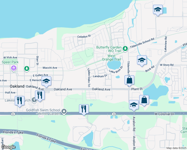 map of restaurants, bars, coffee shops, grocery stores, and more near 919 Landrum Drive in Winter Garden