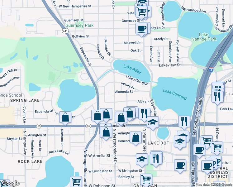 map of restaurants, bars, coffee shops, grocery stores, and more near 936 Alameda Street in Orlando