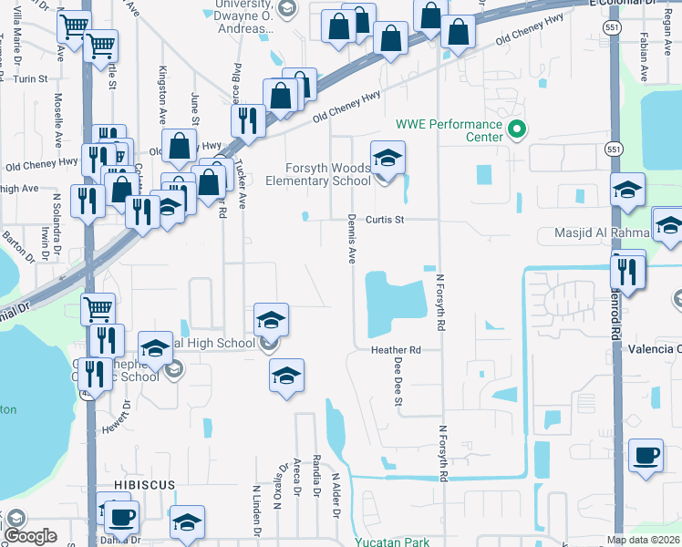 map of restaurants, bars, coffee shops, grocery stores, and more near 842 Dennis Avenue in Orlando