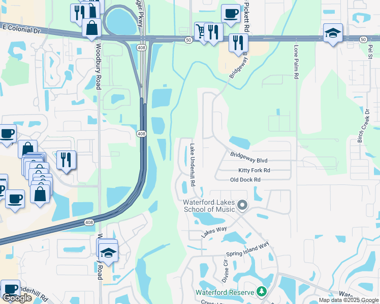 map of restaurants, bars, coffee shops, grocery stores, and more near 14517 Lake Underhill Road in Orlando