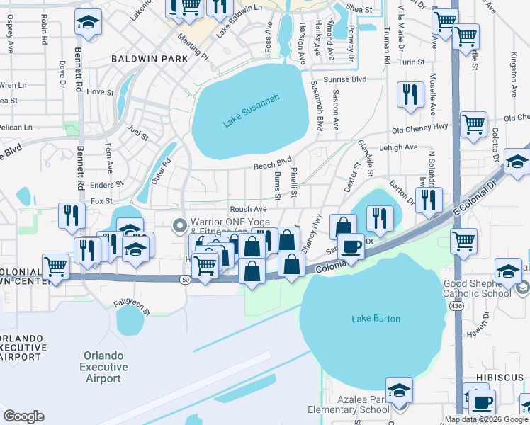 map of restaurants, bars, coffee shops, grocery stores, and more near 4602 Roush Avenue in Orlando