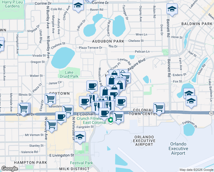 map of restaurants, bars, coffee shops, grocery stores, and more near 901 Woodcock Road in Orlando