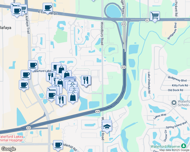 map of restaurants, bars, coffee shops, grocery stores, and more near 1301 Waterford Oak Drive in Orlando