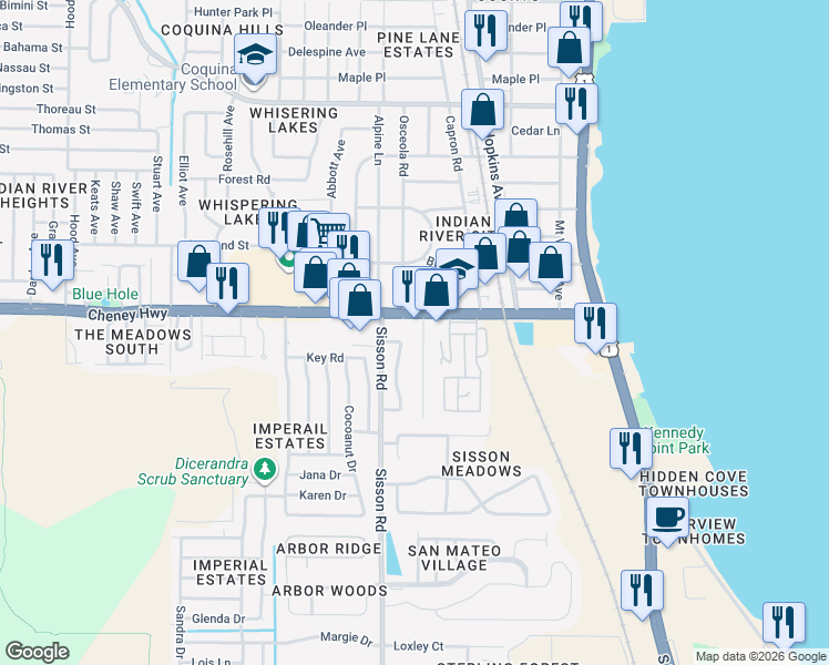 map of restaurants, bars, coffee shops, grocery stores, and more near 4680 Tuscarora Road in Titusville
