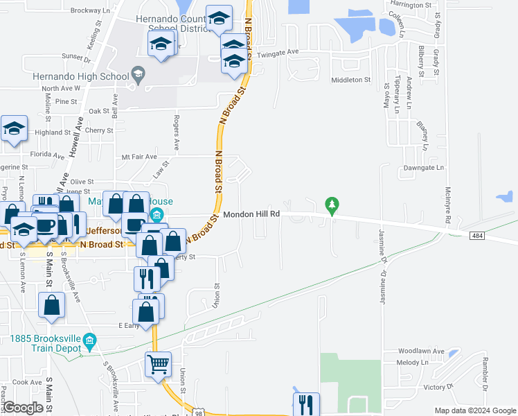 map of restaurants, bars, coffee shops, grocery stores, and more near 1113 Mondon Hill Road in Brooksville