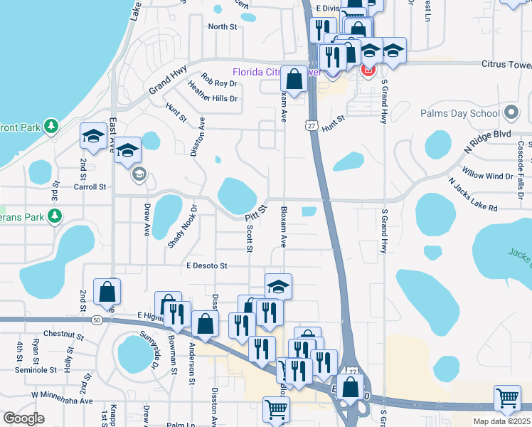 map of restaurants, bars, coffee shops, grocery stores, and more near 609 Pitt Street in Clermont