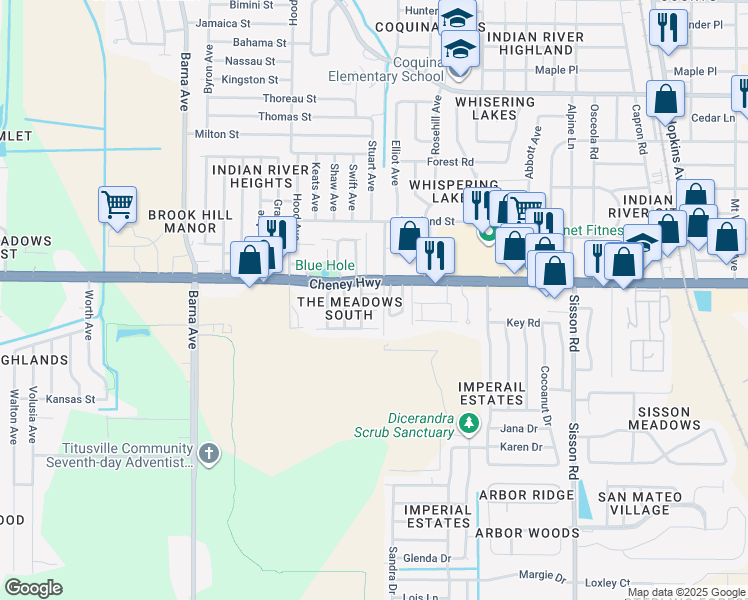 map of restaurants, bars, coffee shops, grocery stores, and more near 1291 Cheney Highway in Titusville