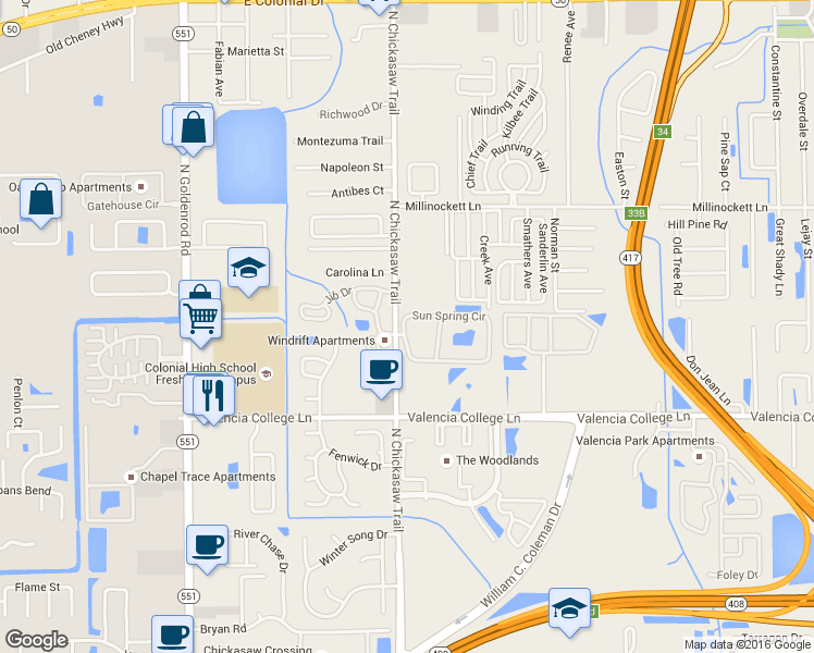 map of restaurants, bars, coffee shops, grocery stores, and more near 8219 Sun Spring Circle in Orlando