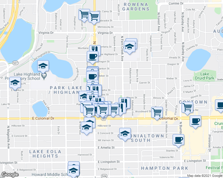 map of restaurants, bars, coffee shops, grocery stores, and more near 906 La Salle Avenue in Orlando