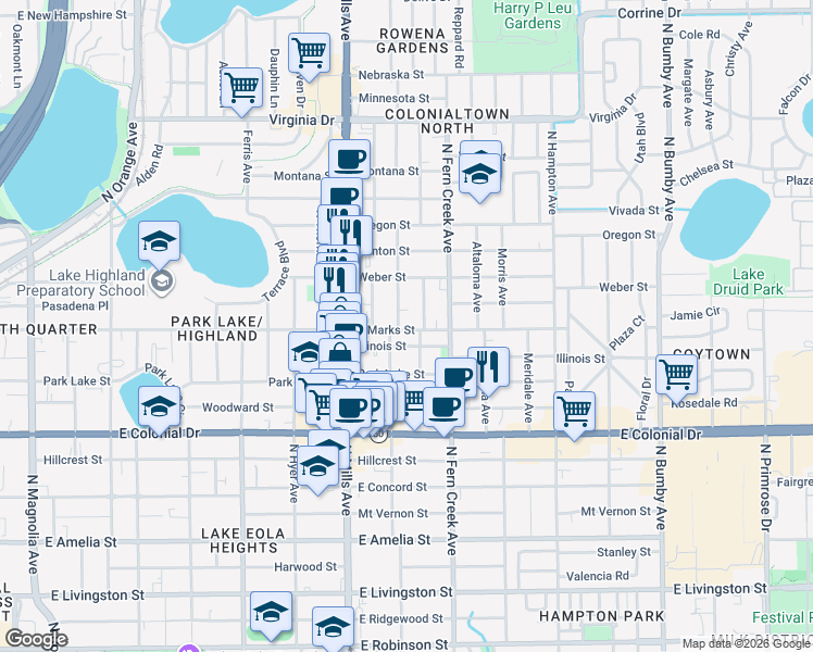 map of restaurants, bars, coffee shops, grocery stores, and more near 906 La Salle Avenue in Orlando