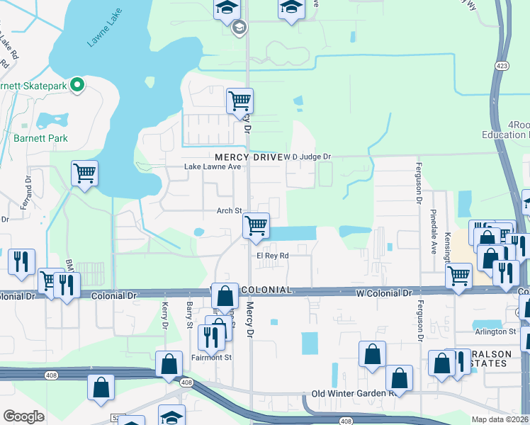 map of restaurants, bars, coffee shops, grocery stores, and more near 1151 Golden Gate Avenue in Orlando