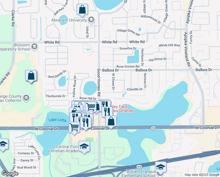 map of restaurants, bars, coffee shops, grocery stores, and more near 8626 Ashbury Park in Orlando