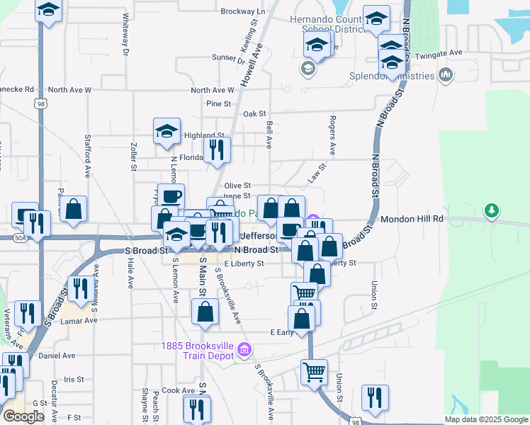 map of restaurants, bars, coffee shops, grocery stores, and more near 232 Oakland Avenue in Brooksville