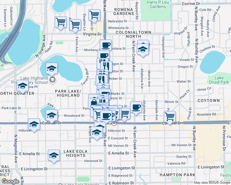 map of restaurants, bars, coffee shops, grocery stores, and more near 1311 East Marks Street in Orlando