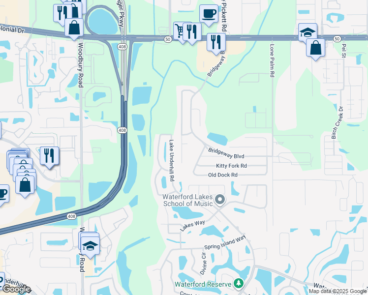 map of restaurants, bars, coffee shops, grocery stores, and more near 13200 Saint Cole Court in Orlando