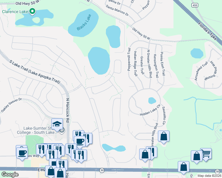 map of restaurants, bars, coffee shops, grocery stores, and more near 796 Hawks Bluff in Clermont